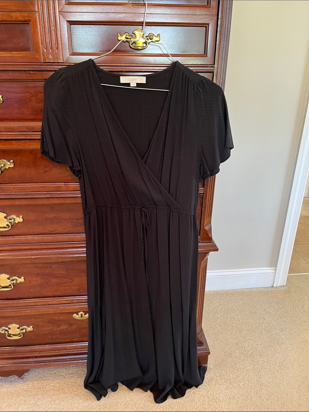 LOFT Black Wrap-Front Midi Dress